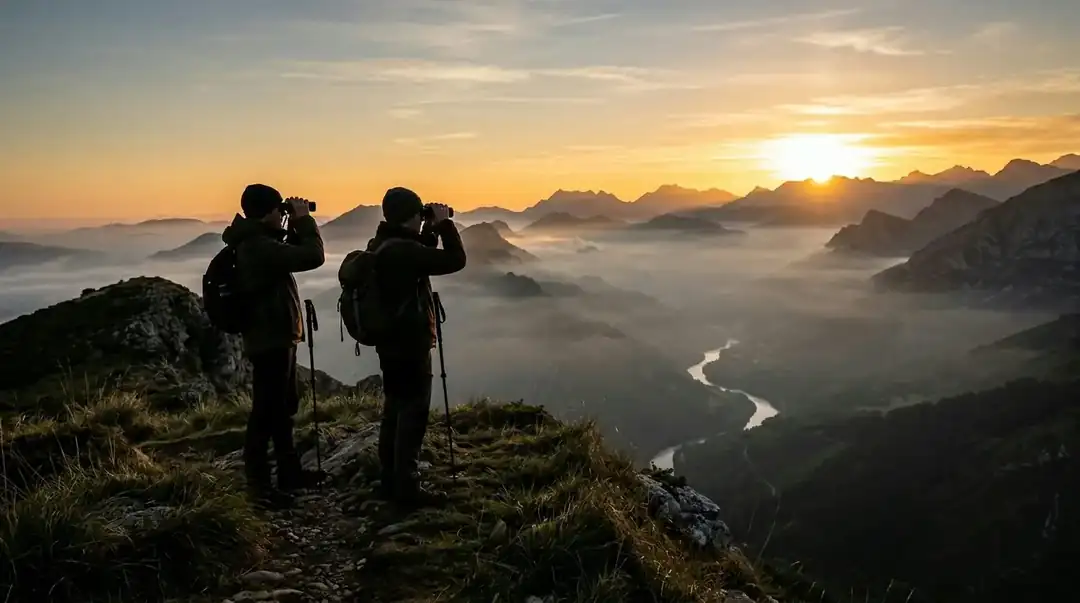 Observadores con prismáticos en un mirador al amanecer