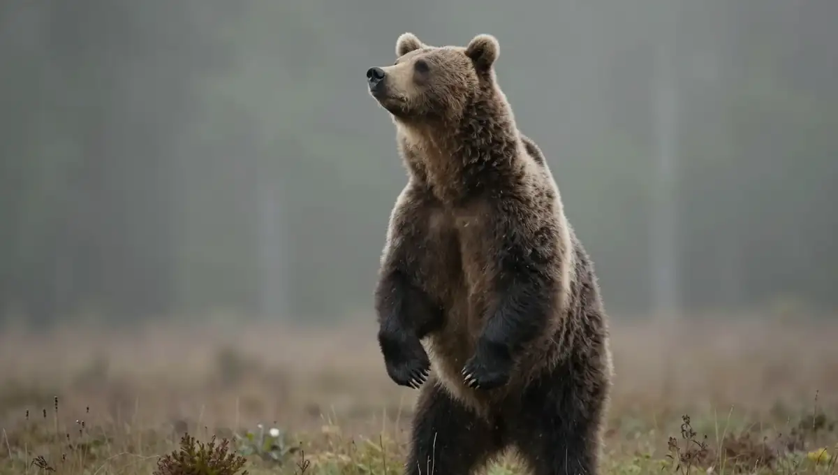Oso pardo cantábrico erguido sobre las patas traseras olfateando el aire en un claro de bosque con niebla