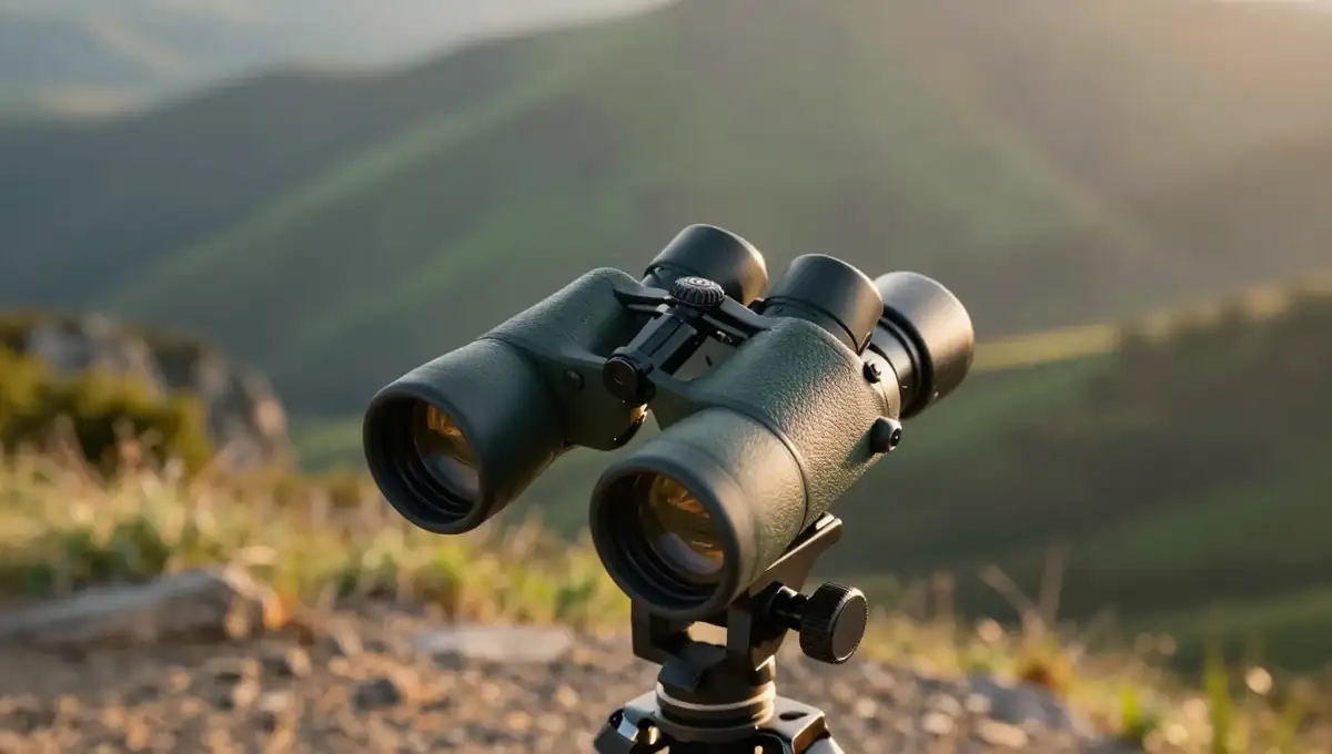 Prismáticos y telescopio terrestre sobre un trípode en una loma de montaña a la luz del amanecer
