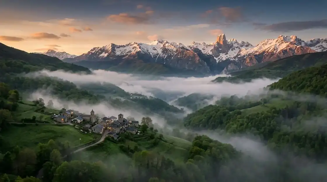 Valle de Liébana al amanecer con los Picos de Europa nevados al fondo