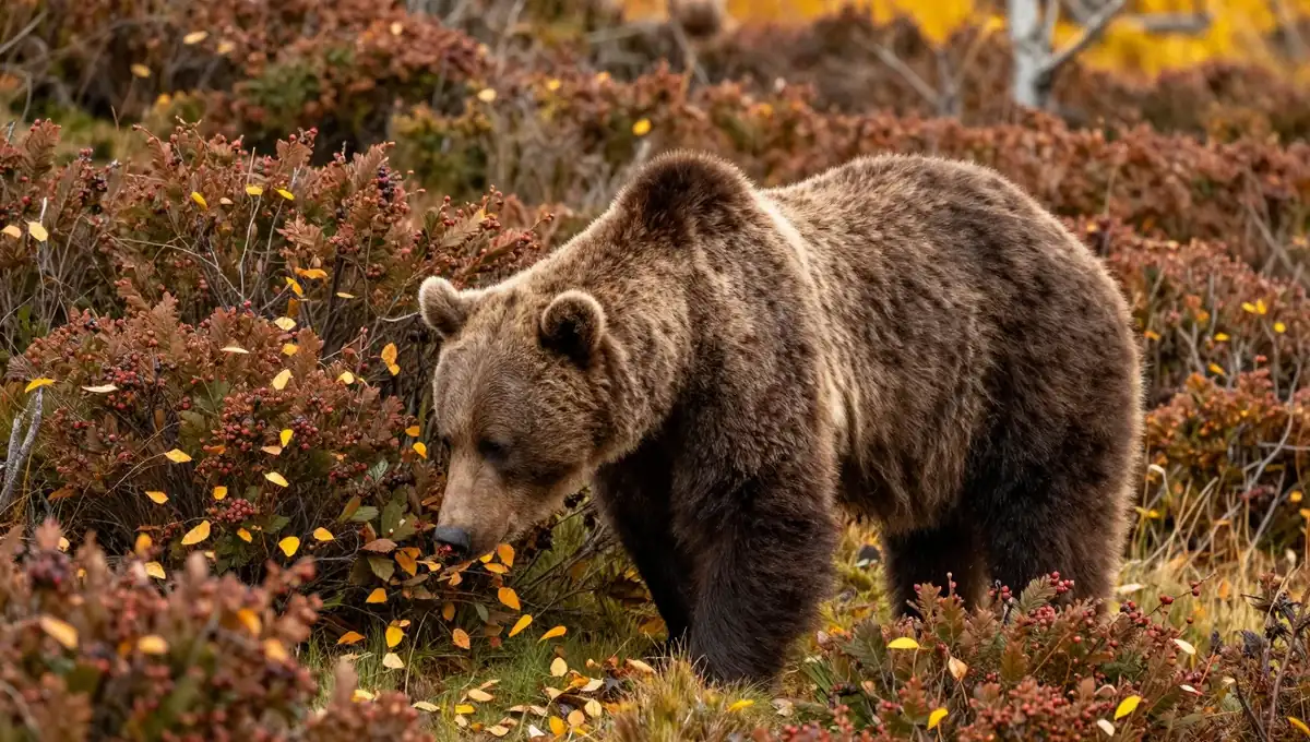 Oso pardo cantábrico comiendo en una ladera de arándanos y hojas de otoño con luz dorada