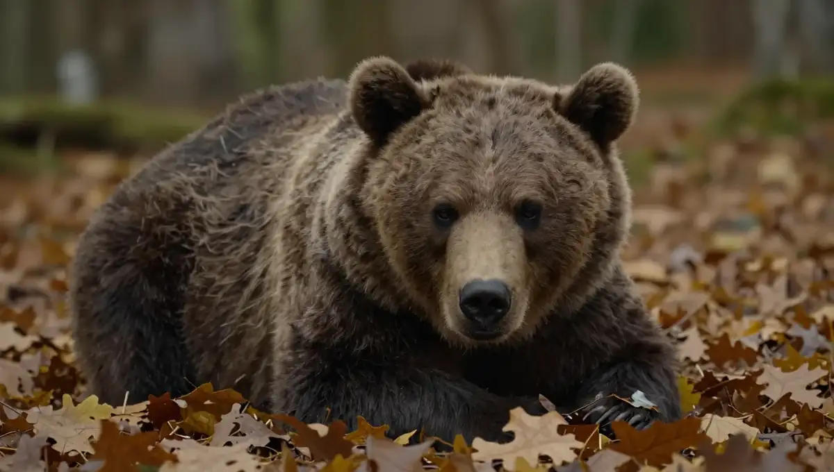 Retrato de una osa parda anciana, de hocico canoso, descansando entre hojas secas de otoño