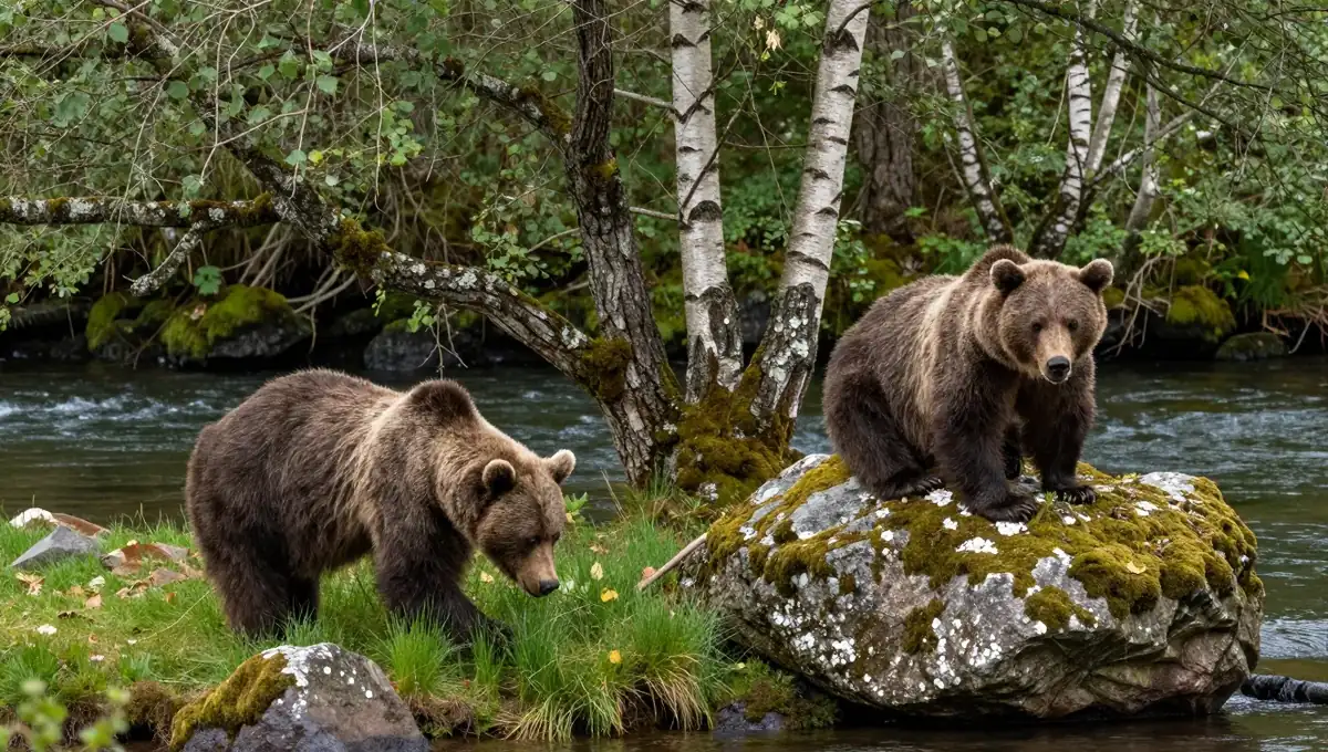 Dos osos pardos cantábricos en un recinto forestal junto al río Trubia, en Proaza, como vivieron Paca y Tola