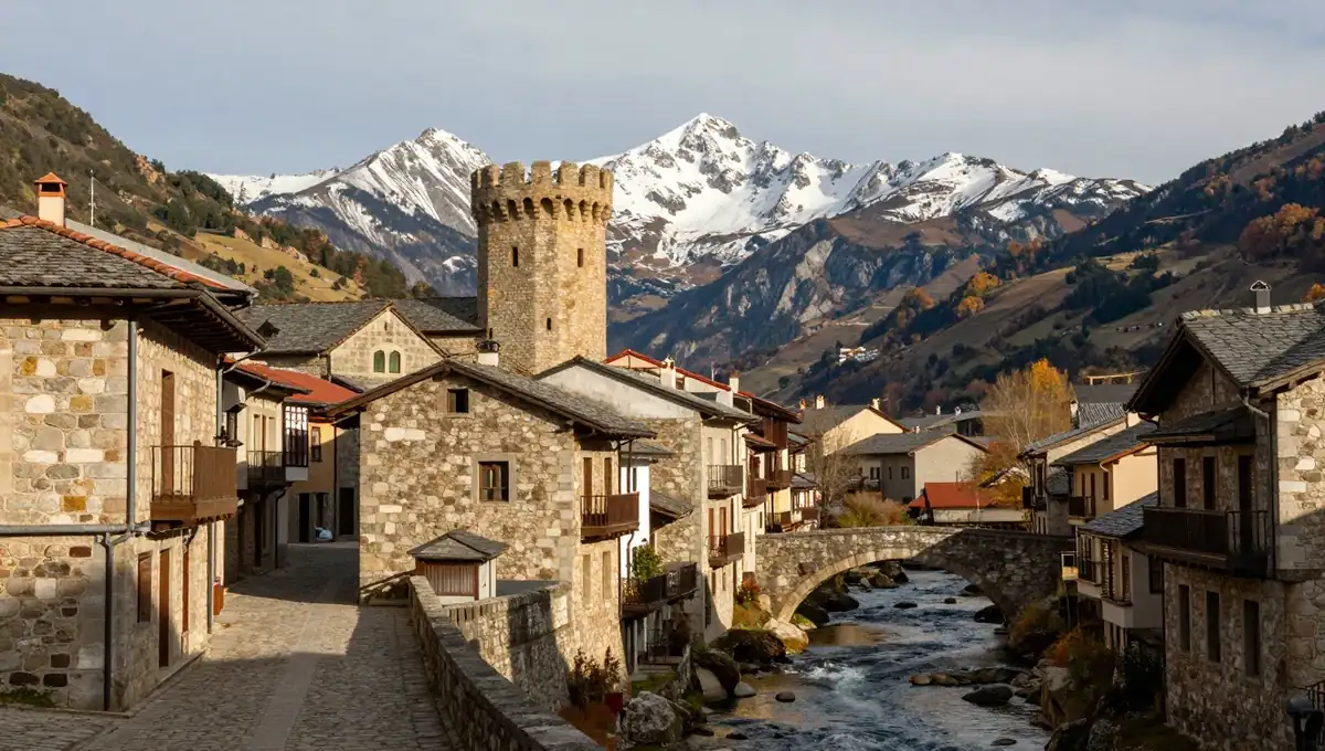 Casco histórico de Potes con su torre medieval y el puente sobre el río, y los Picos de Europa nevados al fondo