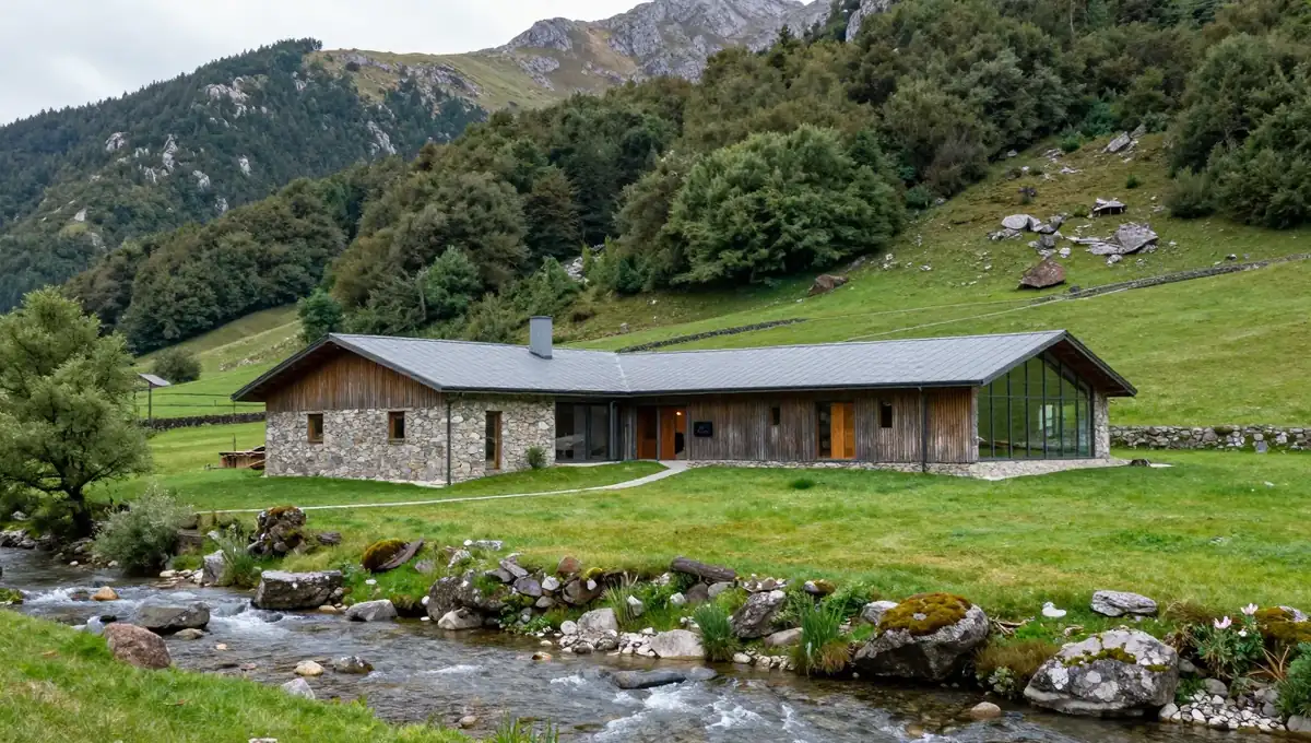 Edificio de la Casa del Oso de Proaza entre prados junto al río Trubia, con las montañas al fondo