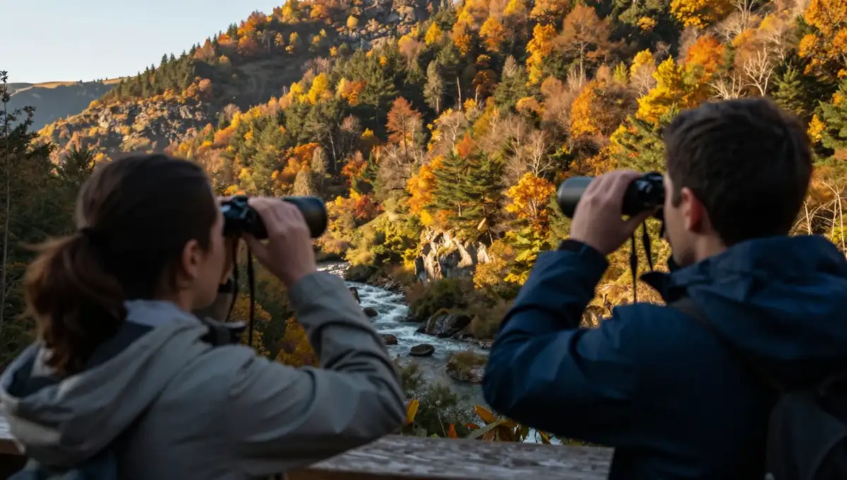 Observadores con prismáticos y telescopio en un mirador de madera sobre una ladera boscosa al atardecer