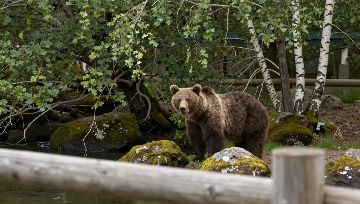Oso pardo cantábrico entre rocas y árboles dentro del cercado osero de Proaza, junto al agua