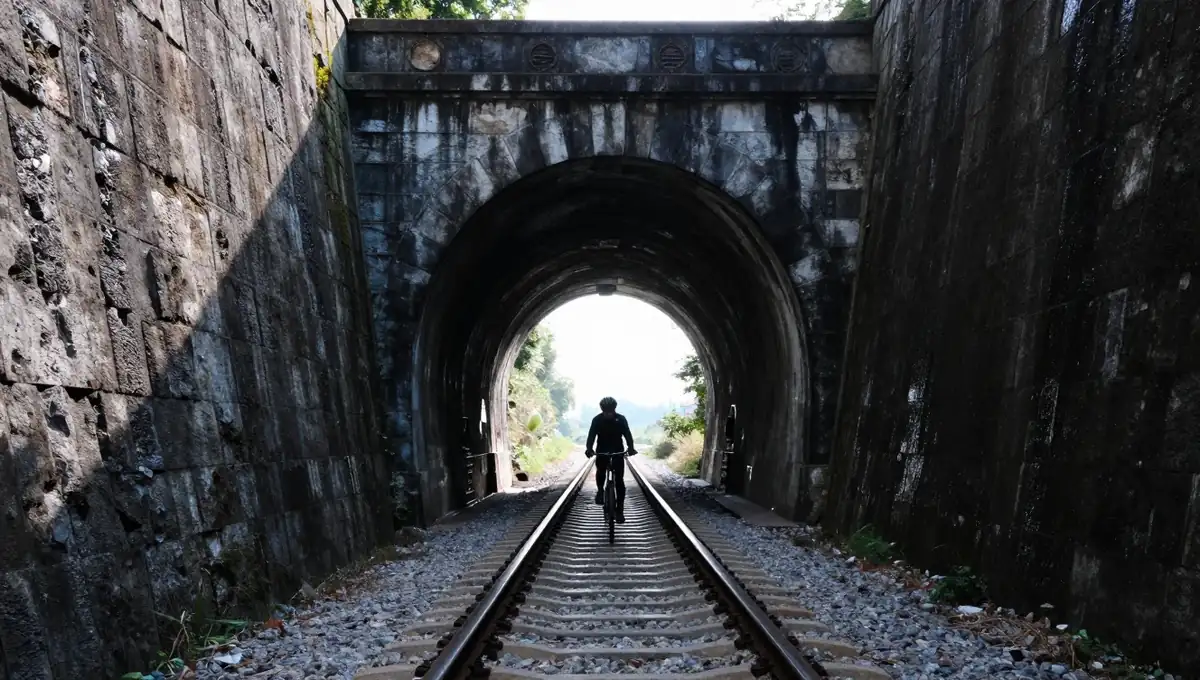 Túnel de piedra de la antigua vía del tren en la Senda del Oso, con un ciclista recortado contra la luz del otro extremo